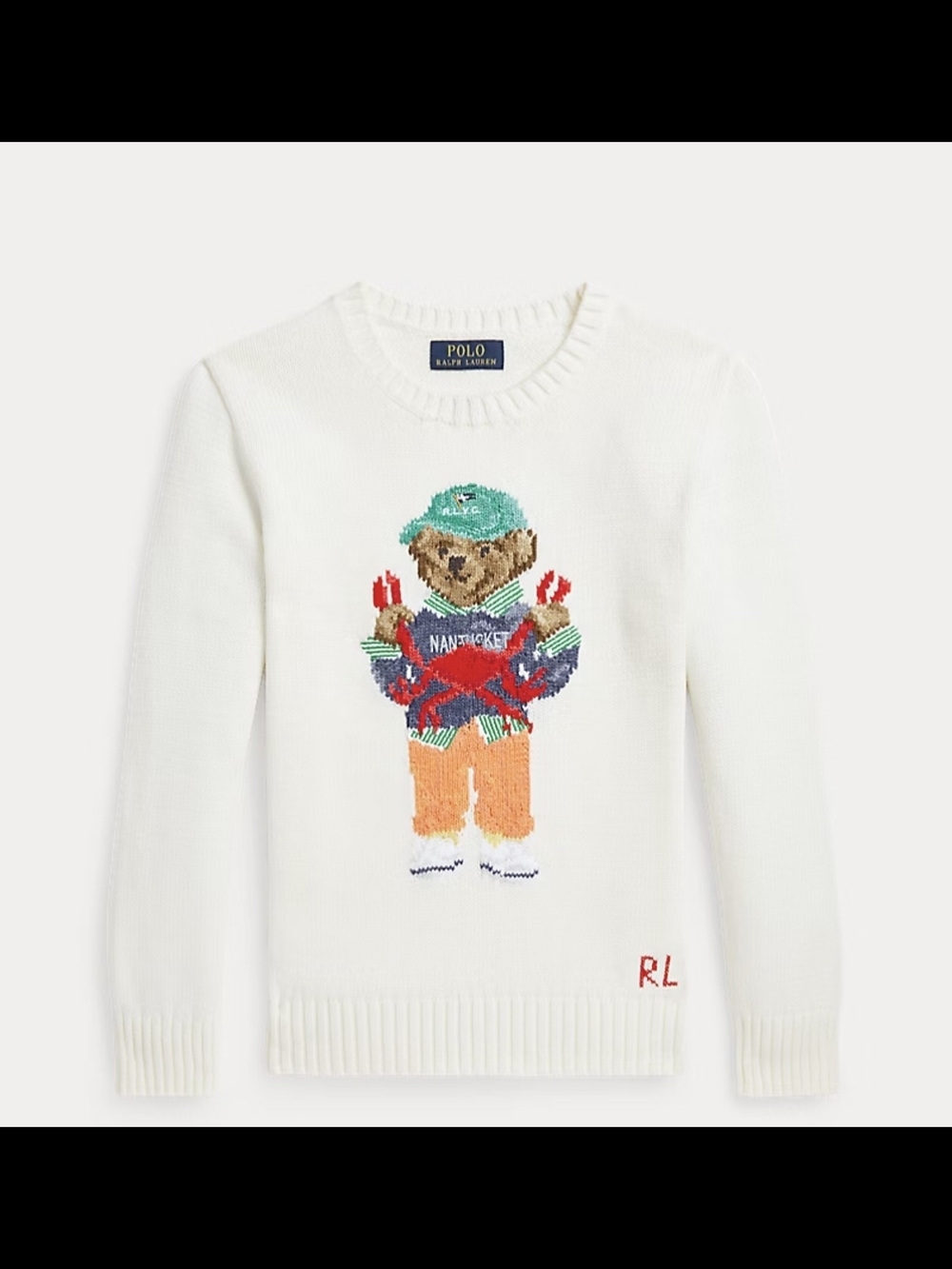 Polo by Ralph Lauren White Knit Bear Sweater with Multicolor Embroidery